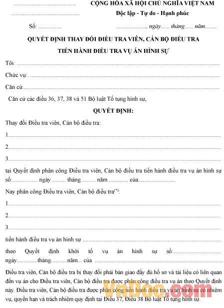 Mẫu quyết định thay đổi điều tra viên, cán bộ điều tra tiến hành điều tra vụ án hình sự