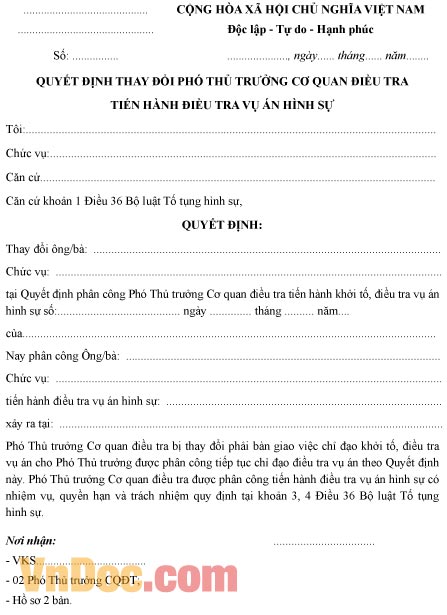Mẫu quyết định thay đổi phó thủ trưởng cơ quan điều tra tiến hành điều tra vụ án hình sự