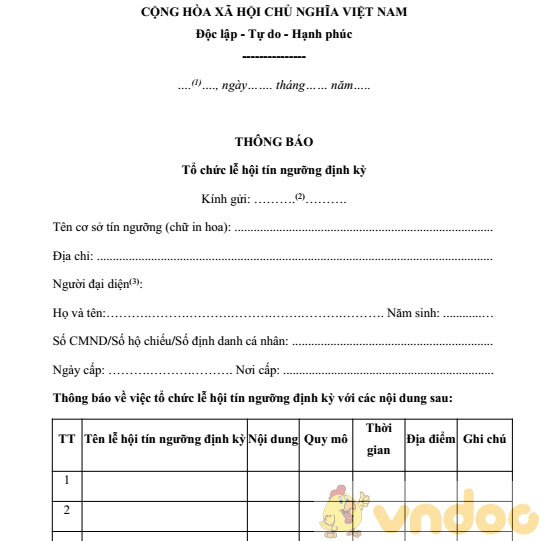 Mẫu thông báo tổ chức lễ hội tín ngưỡng định kỳ