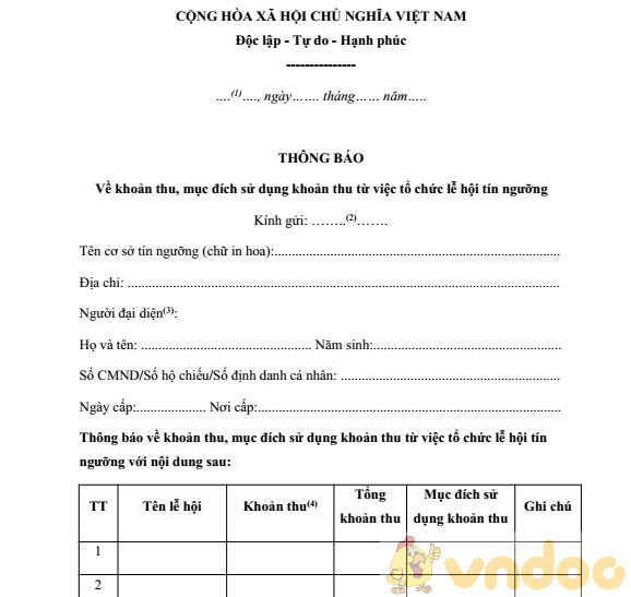 Mẫu thông báo về khoản thu, mục đích sử dụng từ việc tổ chức lễ hội tín ngưỡng