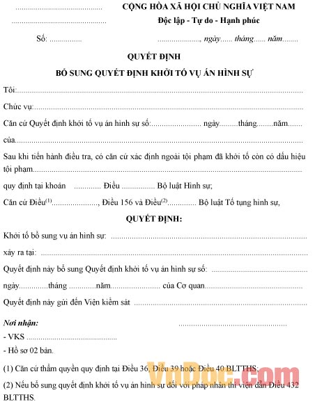 Mẫu quyết định bổ sung quyết định khởi tố vụ án