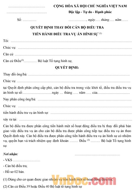 Mẫu quyết định thay đổi cán bộ điều tra tiến hành điều tra vụ án hình sự