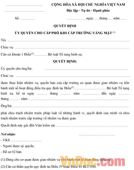 Quyết định ủy quyền cho cấp phó khi cấp trưởng vắng mặt