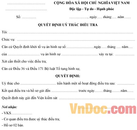 Mẫu quyết định ủy thác điều tra vụ án hình sự