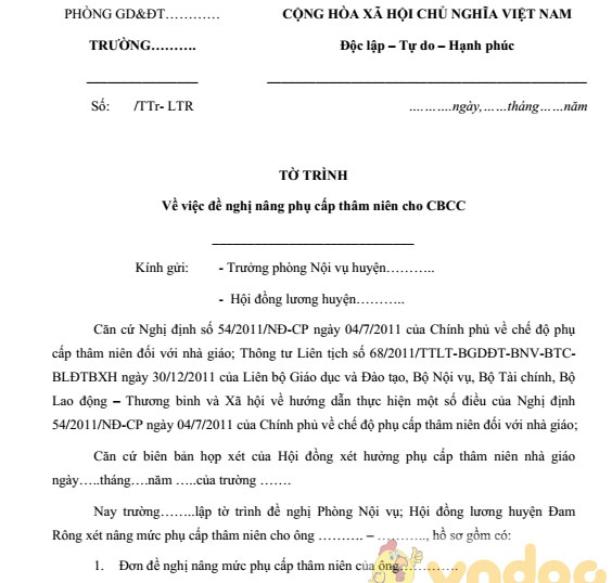 Tờ trình đề nghị xét hưởng phụ cấp thâm niên nhà giáo