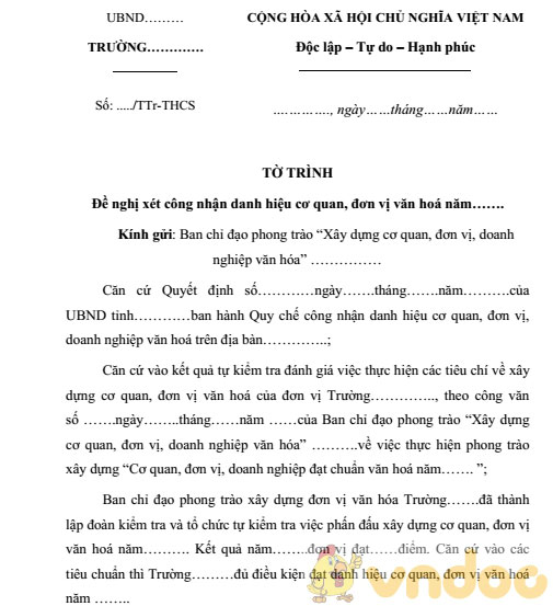 Tờ trình đề nghị công nhận cơ quan văn hóa