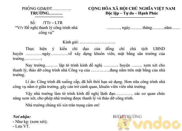 Tờ trình đề nghị thanh lý nhà công vụ