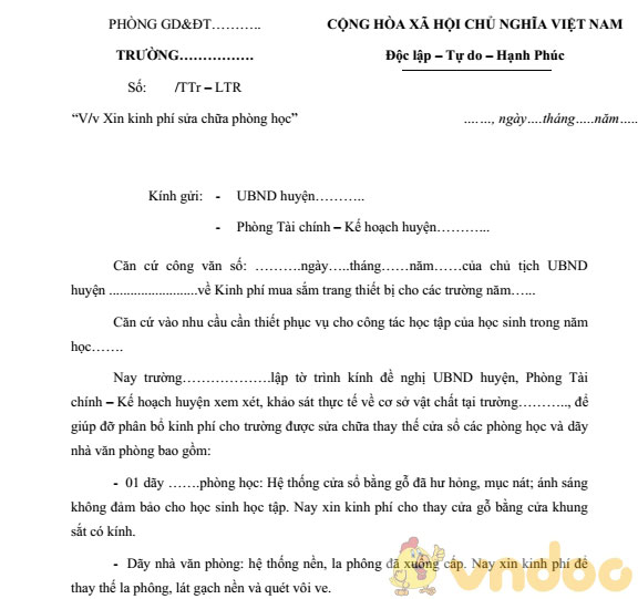 Tờ trình xin kinh phí sửa chữa phòng học