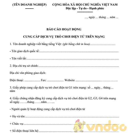 Báo cáo hoạt động cung cấp dịch vụ trò chơi điện tử trên mạng