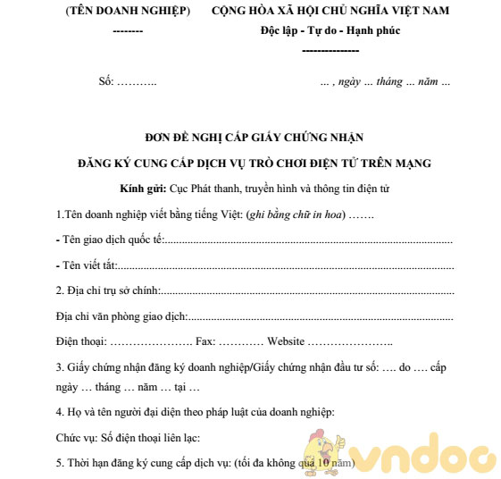 Mẫu đơn đăng ký cung cấp dịch vụ trò chơi điện tử trên mạng