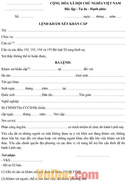 Mẫu lệnh khám xét khẩn cấp