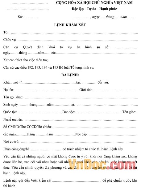 Mẫu lệnh khám xét