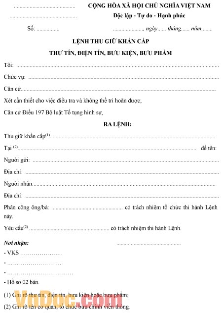 Mẫu lệnh thu giữ khẩn cấp thư tín, điện tín, bưu kiện, bưu phẩm