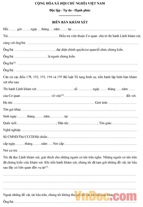 Mẫu biên bản về việc khám xét