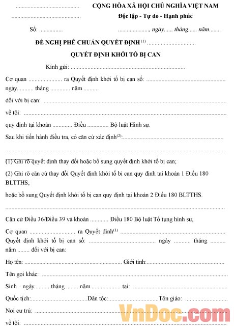 Mẫu đề nghị về việc phê chuẩn quyết định bổ sung hoặc thay đổi quyết định khởi tố bị can