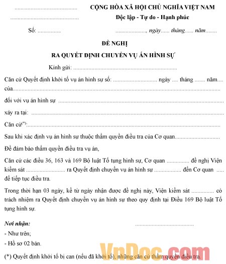 Mẫu đề nghị về việc ra quyết định chuyển vụ án hình sự