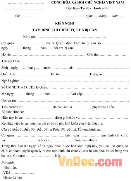 Mẫu kiến nghị về việc tạm đình chỉ chức vụ của bị can