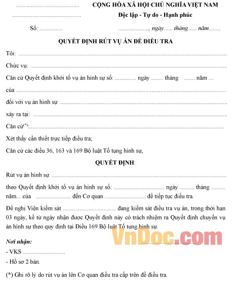 Mẫu quyết định về việc rút vụ án để điều tra