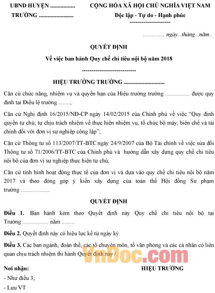 Mẫu quyết định ban hành quy chế chi tiêu nội bộ