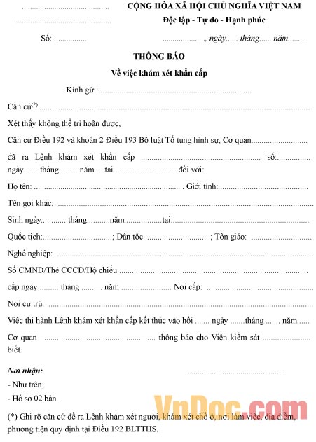 Mẫu thông báo khám xét khẩn cấp