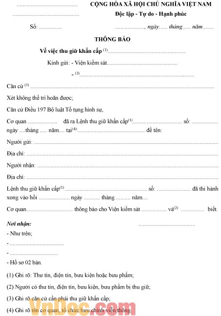 Mẫu thông báo thu giữ khẩn cấp