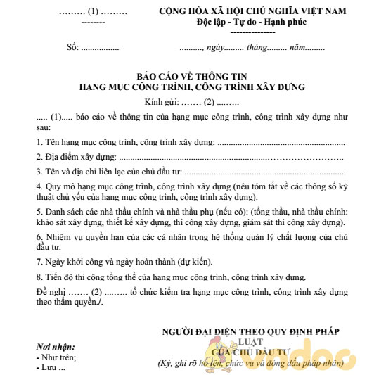 Báo cáo về thông tin của hạng mục công trình, công trình xây dựng