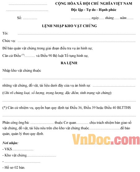 Mẫu lệnh nhập kho vật chứng