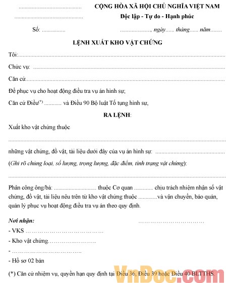 Mẫu lệnh xuất kho vật chứng
