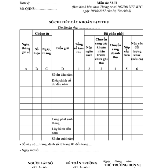 Sổ chi tiết các khoản tạm thu