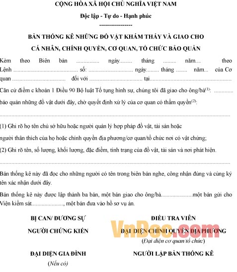 Mẫu bản thống kê đồ vật khám thấy và giao cho cá nhân, tổ chức bản quản