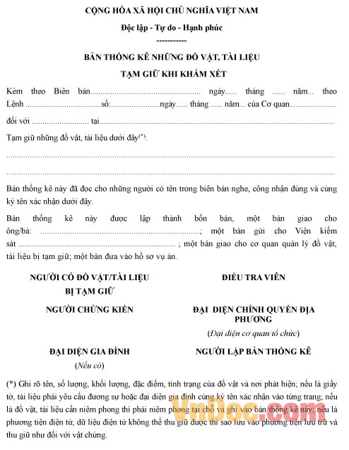 Mẫu bản thống kê đồ vật, tài liệu tạm giữ khi khám xét