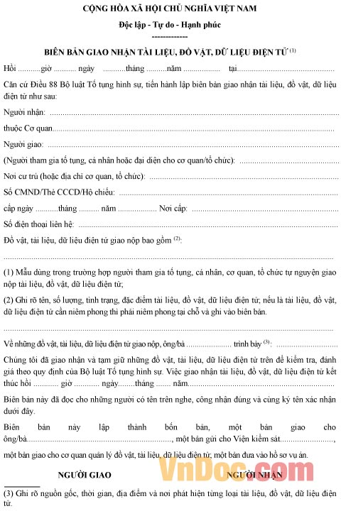 Mẫu biên bản giao nhận tài liệu, đồ vật, dữ liệu