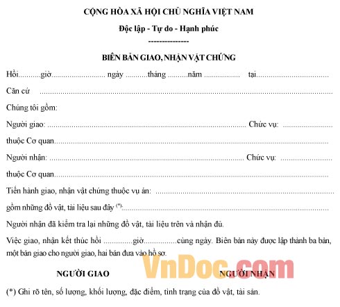 Mẫu biên bản về việc giao nhận vật chứng