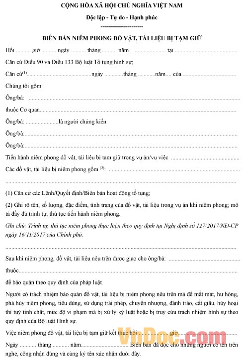 Mẫu biên bản về việc niêm phong đồ vật, tài liệu bị tạm giữ