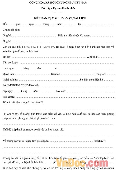 Mẫu biên bản về việc tạm giữ đồ vật, tài liệu