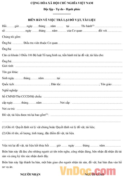Mẫu biên bản trả lại đồ vật, tài liệu