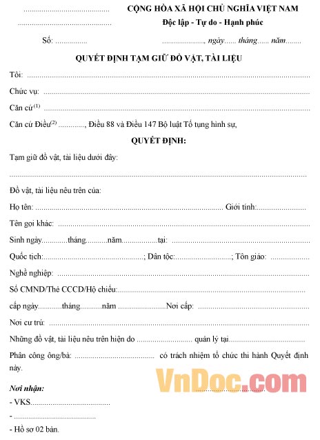 Mẫu quyết định về việc tạm giữ đồ vật, tài liệu