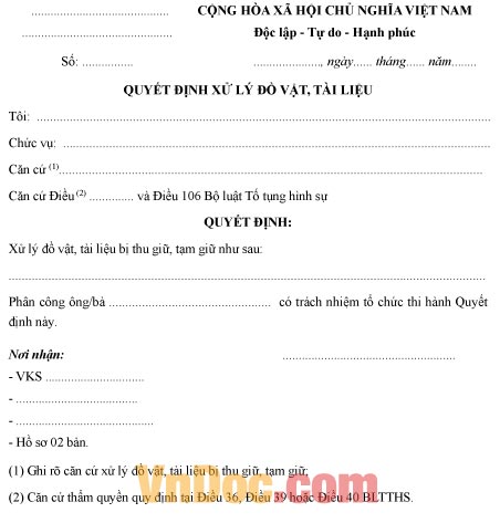 Mẫu quyết định về việc xử lý đồ vật, tài liệu