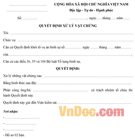 Mẫu quyết định về việc xử lý vật chứng