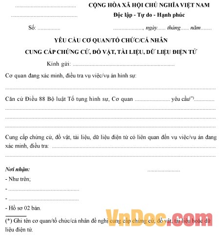 Mẫu yêu cầu tổ chức, cá nhân cung cấp chứng cứ tài liệu