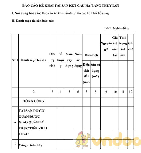 Báo cáo kê khai tài sản kết cấu hạ tầng thủy lợi