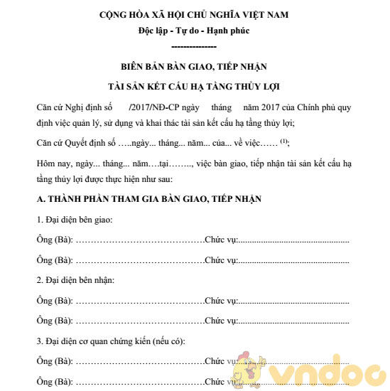 Biên bản bàn giao, tiếp nhận tài sản kết cấu hạ tầng thủy lợi