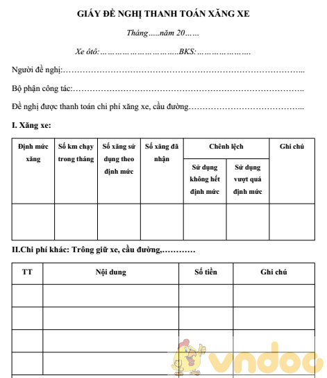 Giấy đề nghị thanh toán chi phí xăng xe