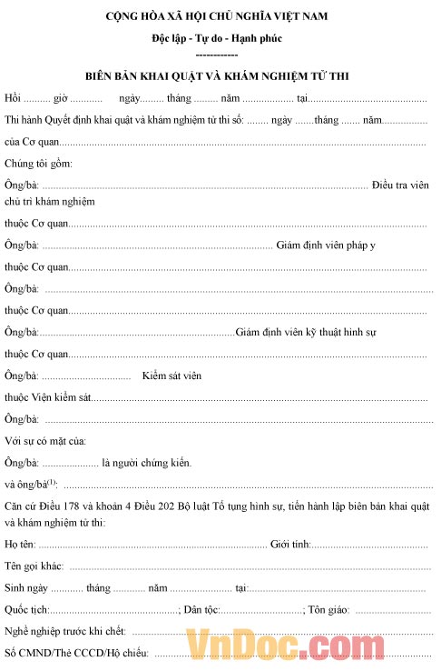 Mẫu biên bản về việc khai quật và khám nghiệm tử thi