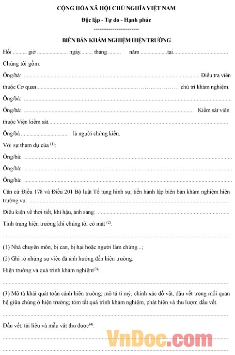 Mẫu biên bản về việc khám nghiệm hiện trường