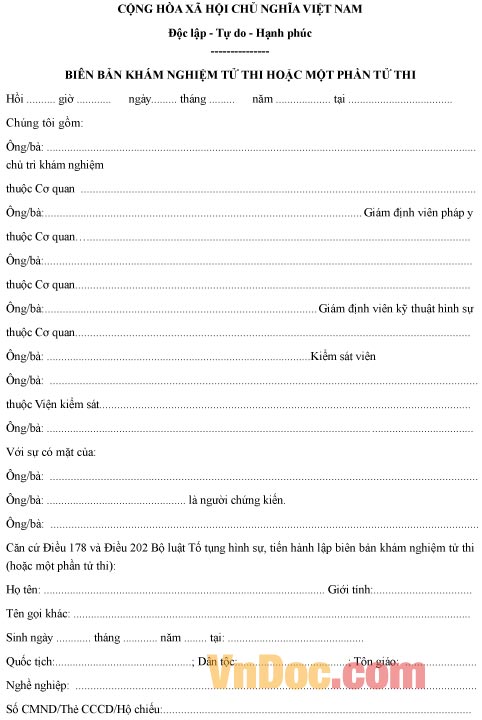 Mẫu biên bản về việc khám nghiệm tử thi hoặc một phần tử thi