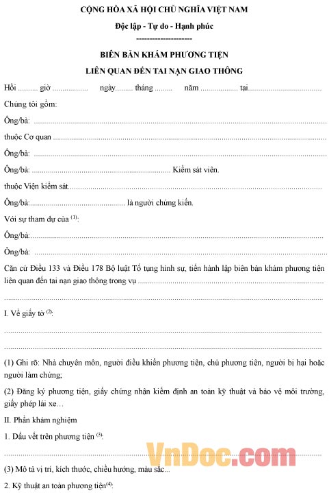 Mẫu biên bản về việc khám phương tiện liên quan đến tai nạn giao thông