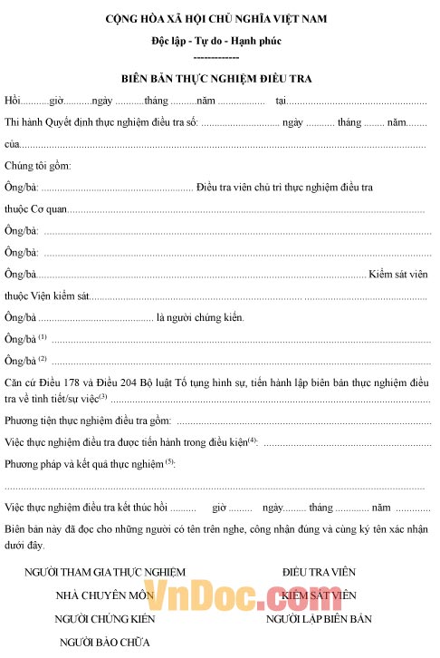 Mẫu biên bản về việc thực nghiệm điều tra