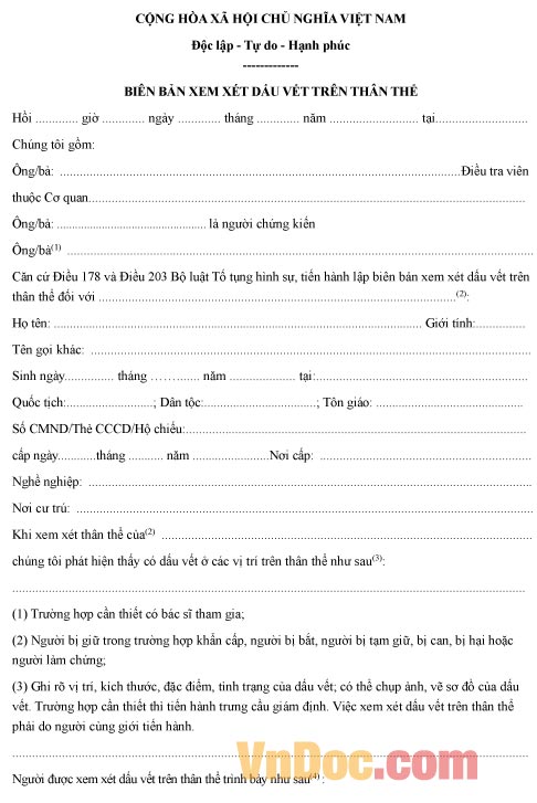 Mẫu biên bản về việc xem xét dấu vết trên thân thể