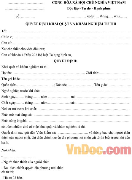 Mẫu quyết định về việc khai quật và khám nghiệm tử thi